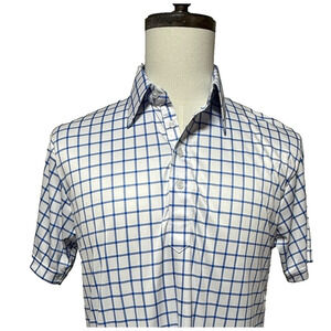 Collars & Co. Shirt Mens Medium‎ White Blue Polo Grid Check Stretch Golf Preppy